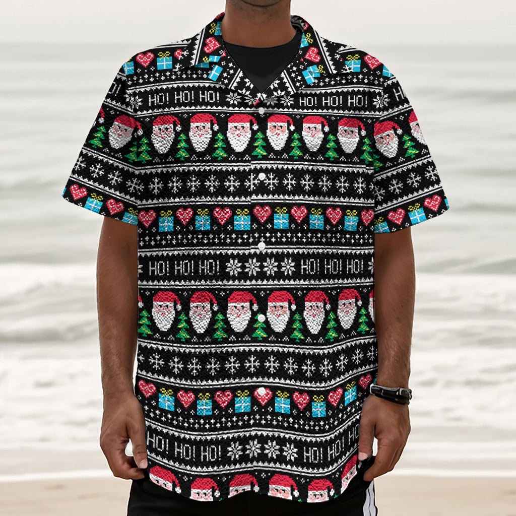 Pixel Christmas Santa Claus Print Textured Short Sleeve Shirt