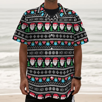 Pixel Christmas Santa Claus Print Textured Short Sleeve Shirt