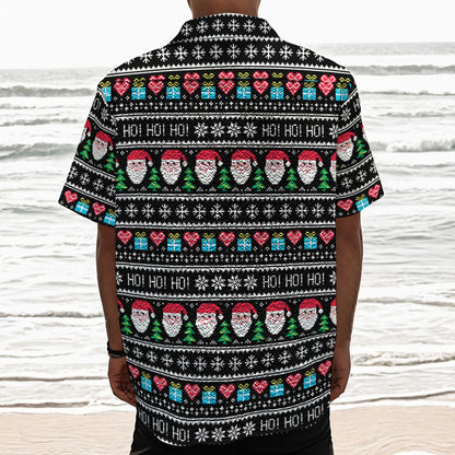 Pixel Christmas Santa Claus Print Textured Short Sleeve Shirt