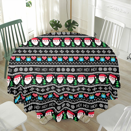 Pixel Christmas Santa Claus Print Waterproof Round Tablecloth