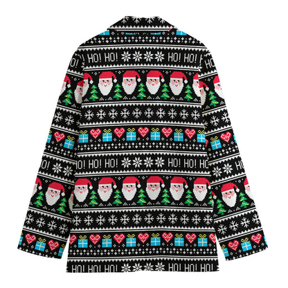 Pixel Christmas Santa Claus Print Women's Cotton Blazer