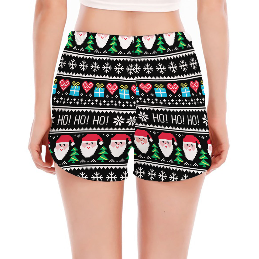 Pixel Christmas Santa Claus Print Women's Split Running Shorts