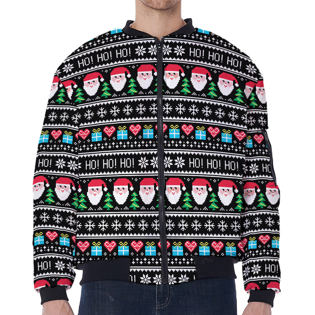 Pixel Christmas Santa Claus Print Zip Sleeve Bomber Jacket