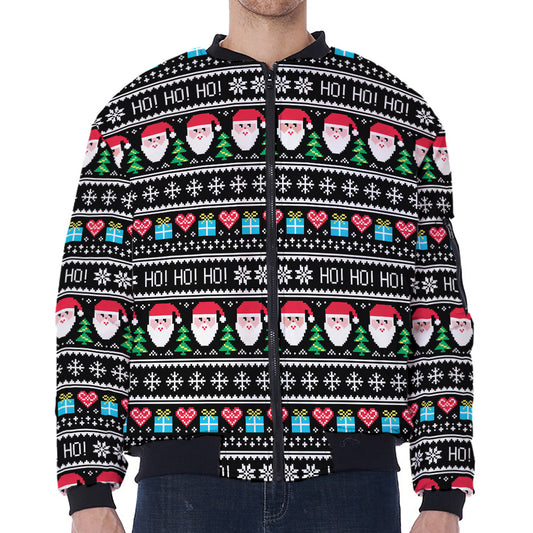 Pixel Christmas Santa Claus Print Zip Sleeve Bomber Jacket