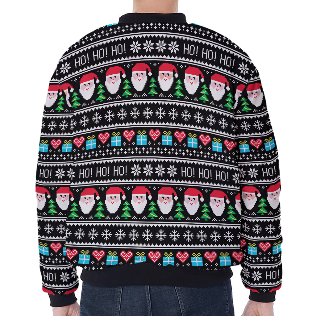 Pixel Christmas Santa Claus Print Zip Sleeve Bomber Jacket