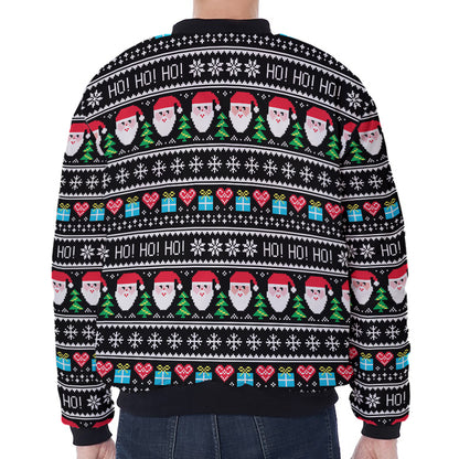 Pixel Christmas Santa Claus Print Zip Sleeve Bomber Jacket