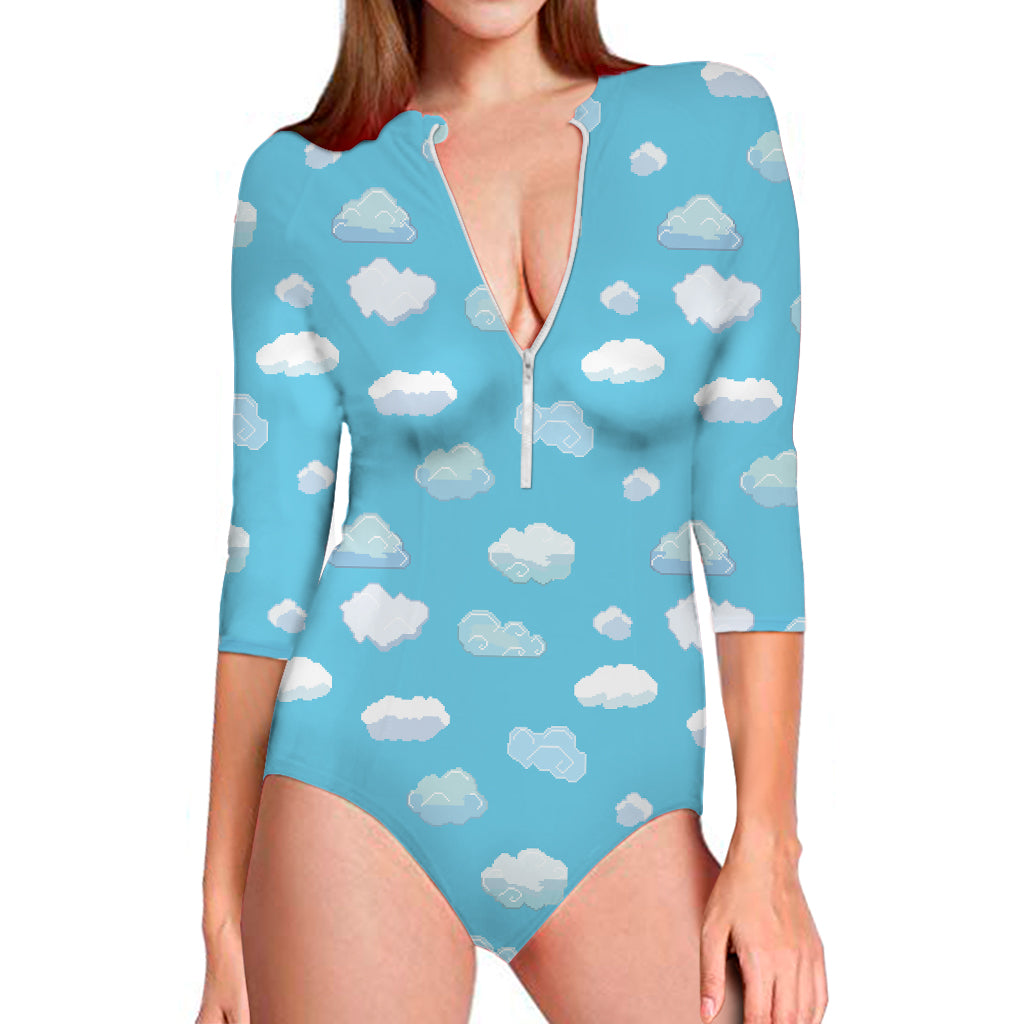 Pixel Cloud Pattern Print Long Sleeve Swimsuit