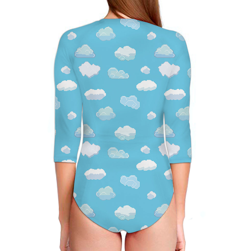 Pixel Cloud Pattern Print Long Sleeve Swimsuit