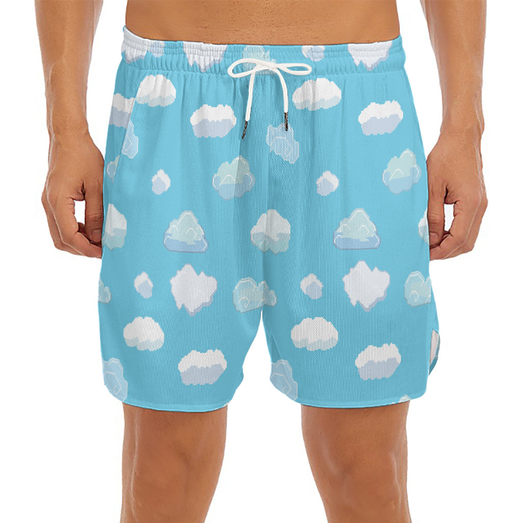 Pixel Cloud Pattern Print Men's Split Running Shorts