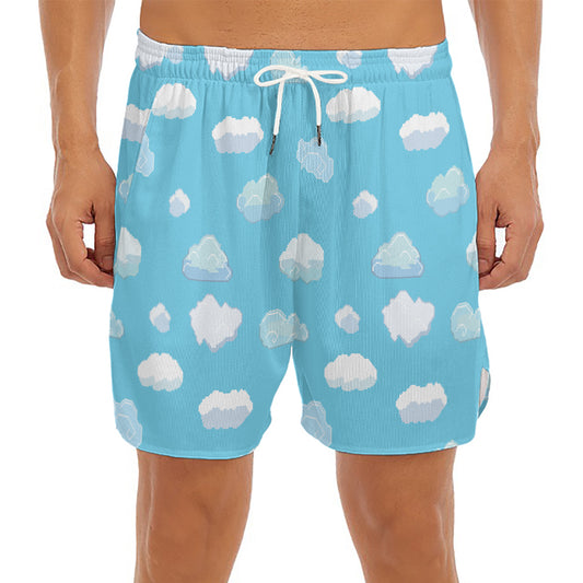 Pixel Cloud Pattern Print Men's Split Running Shorts