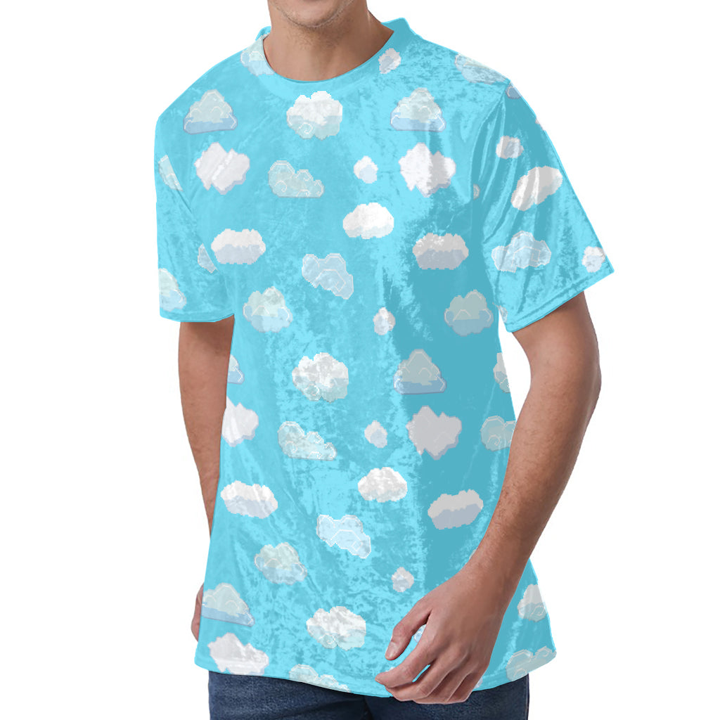 Pixel Cloud Pattern Print Men's Velvet T-Shirt