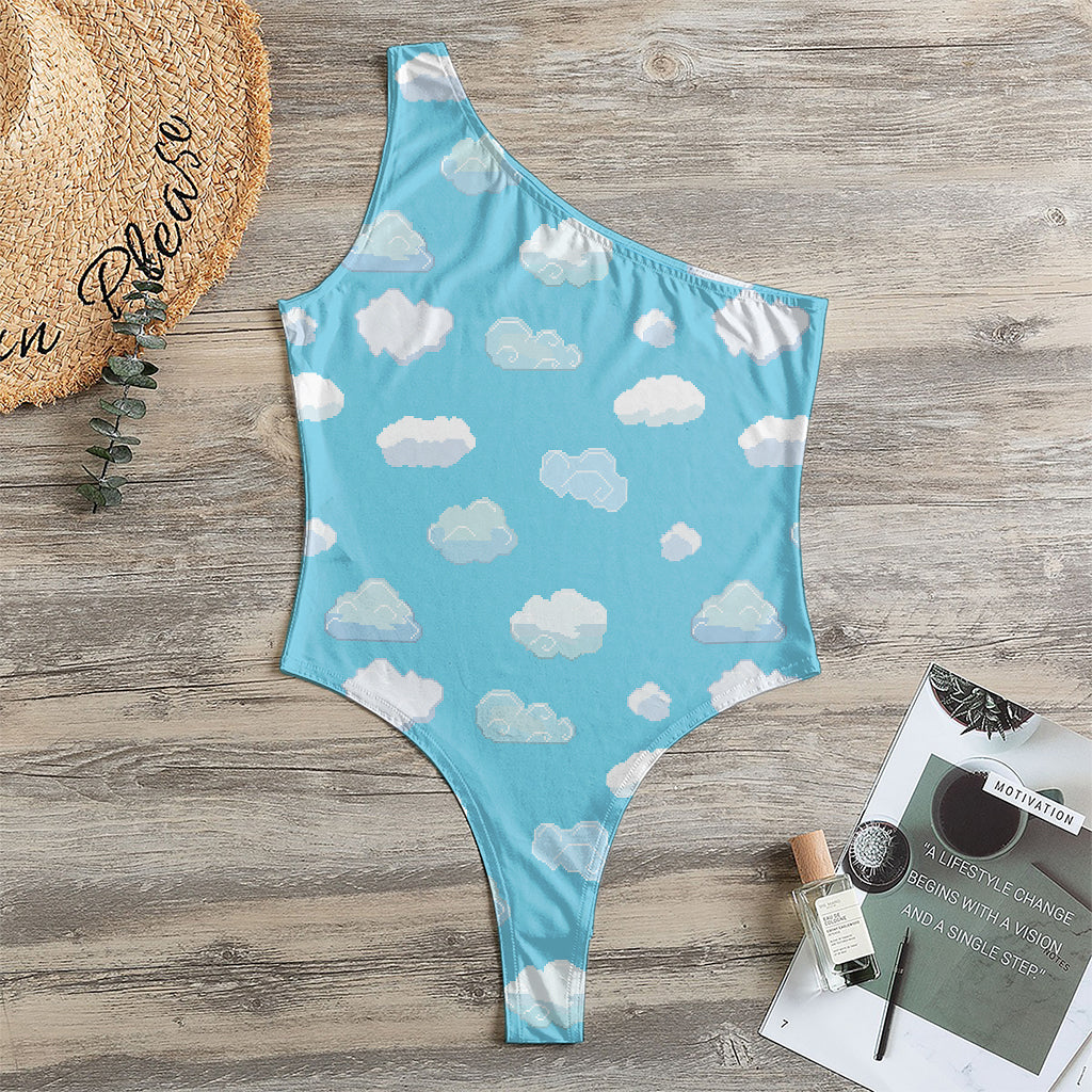 Pixel Cloud Pattern Print One Shoulder Bodysuit