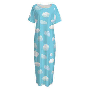 Pixel Cloud Pattern Print Short Sleeve Long Nightdress