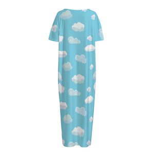 Pixel Cloud Pattern Print Short Sleeve Long Nightdress