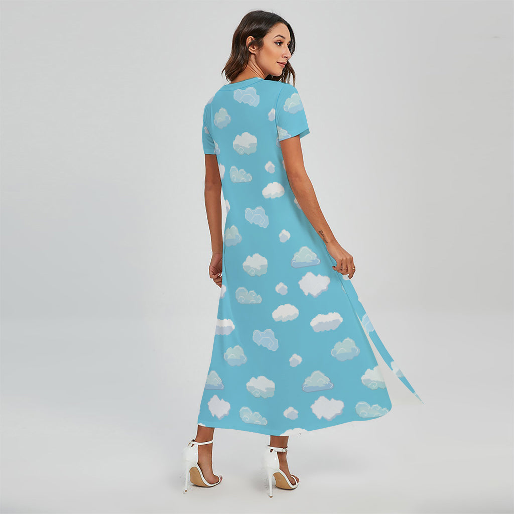 Pixel Cloud Pattern Print Short Sleeve Maxi Dress