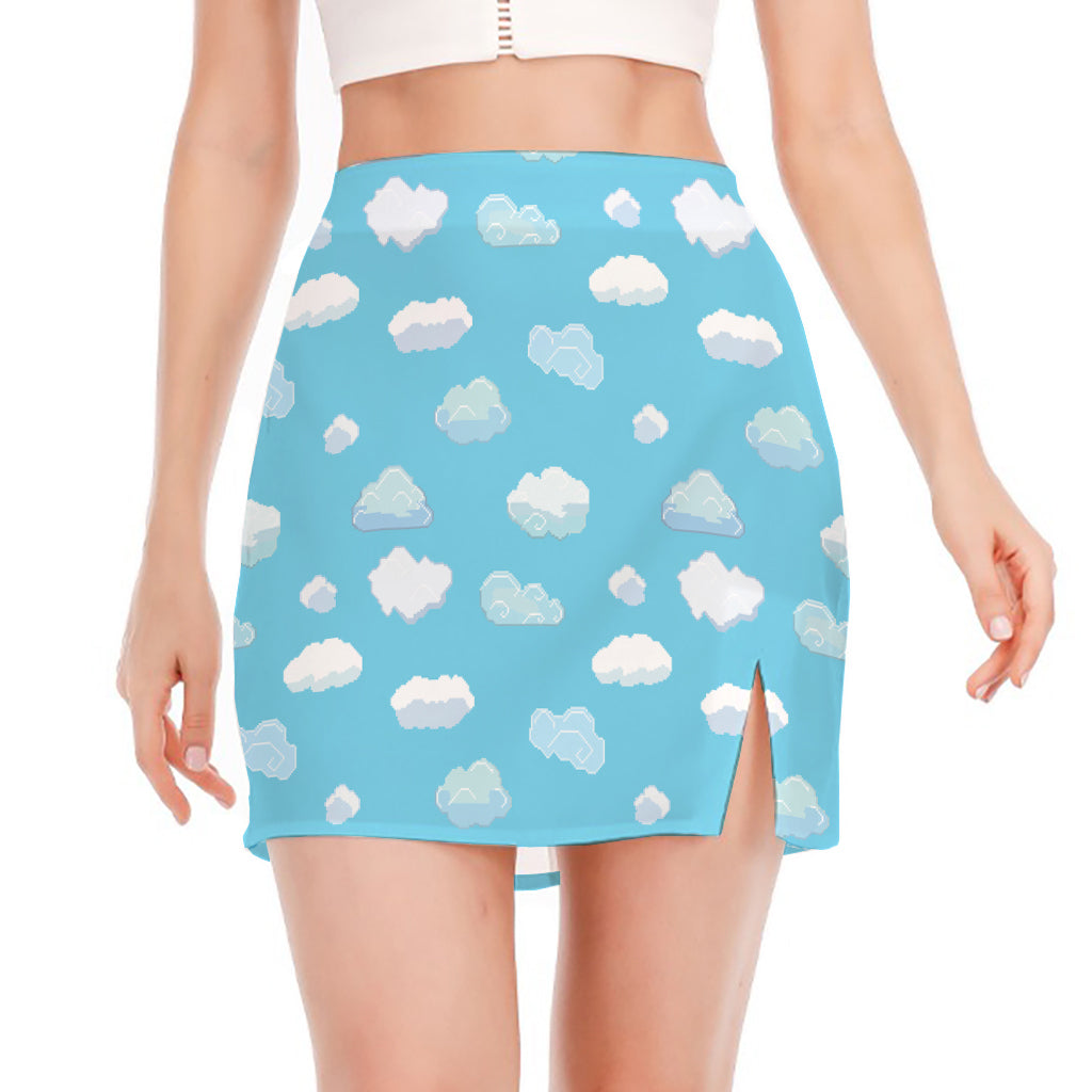 Pixel Cloud Pattern Print Side Slit Mini Skirt