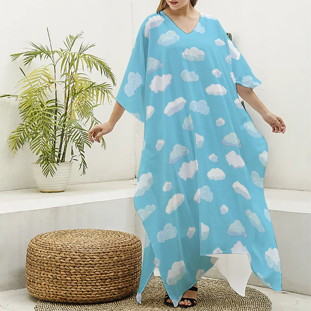 Pixel Cloud Pattern Print Silk V-Neck Kaftan Dress