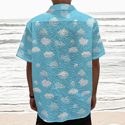 Pixel Cloud Pattern Print Textured Short Sleeve Shirt