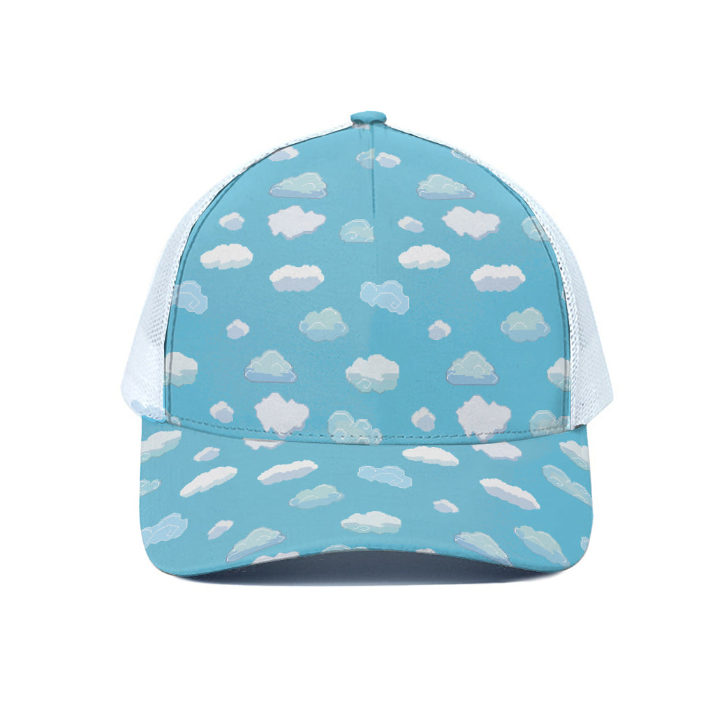 Pixel Cloud Pattern Print White Mesh Trucker Cap