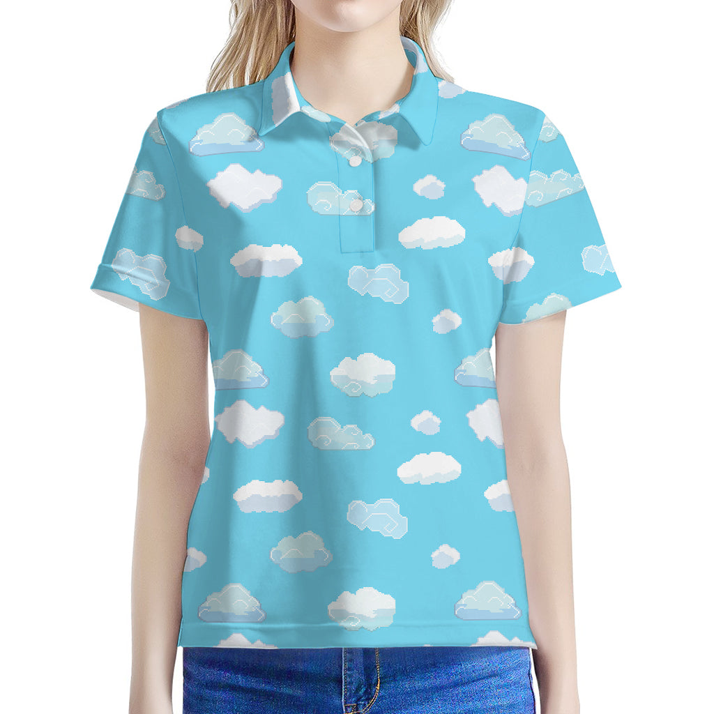 Pixel Cloud Pattern Print Women's Polo Shirt