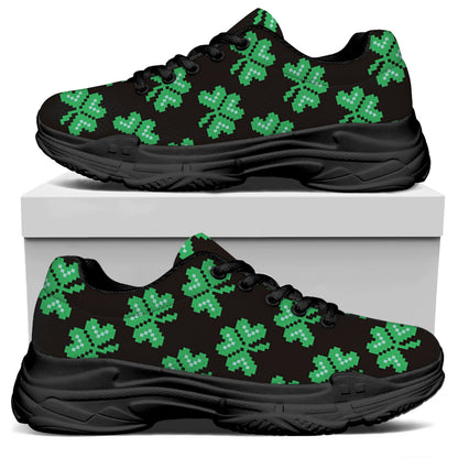 Pixel Clover St. Patrick's Day Print Black Chunky Shoes