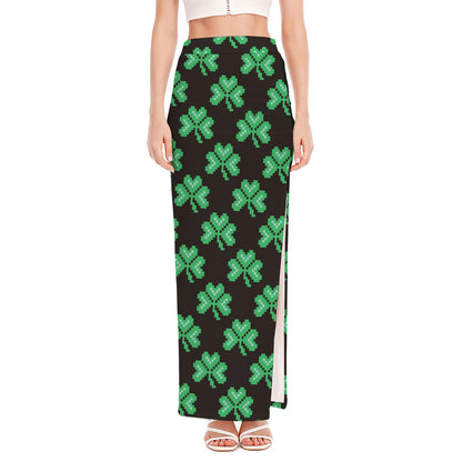 Pixel Clover St. Patrick's Day Print High Slit Maxi Skirt