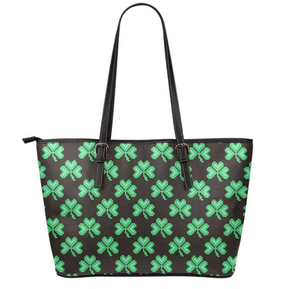 Pixel Clover St. Patrick's Day Print Leather Tote Bag