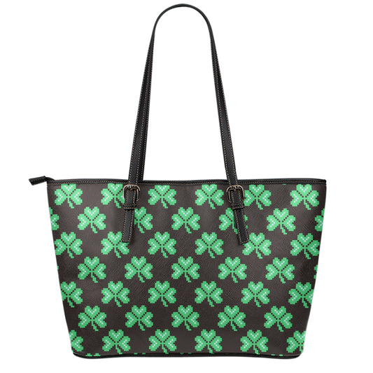 Pixel Clover St. Patrick's Day Print Leather Tote Bag