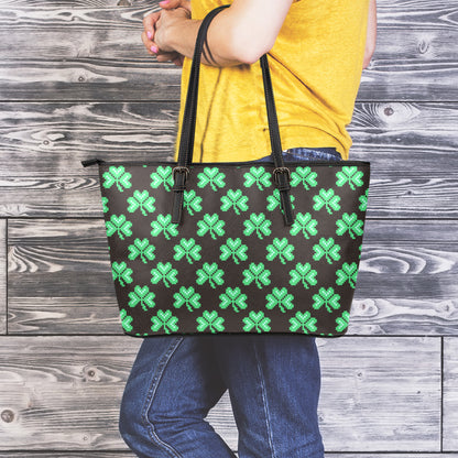 Pixel Clover St. Patrick's Day Print Leather Tote Bag