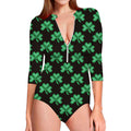 Pixel Clover St. Patrick's Day Print Long Sleeve Swimsuit