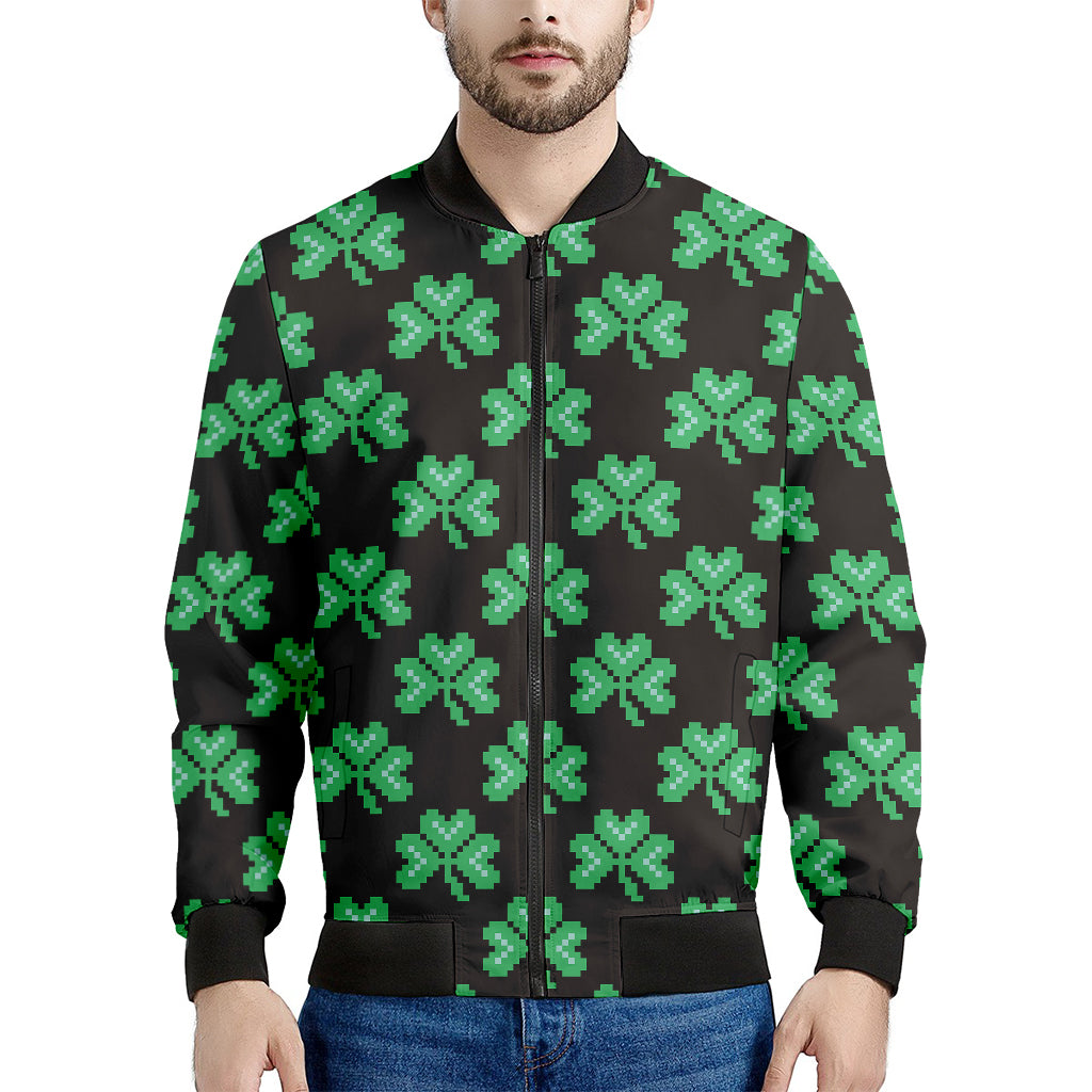 Pixel Clover St. Patrick's Day Print Men's Bomber Jacket