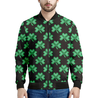 Pixel Clover St. Patrick's Day Print Men's Bomber Jacket