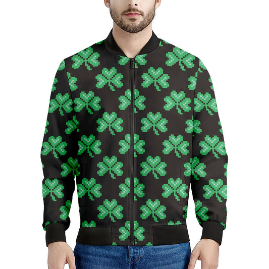 Pixel Clover St. Patrick's Day Print Men's Bomber Jacket