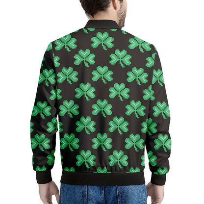 Pixel Clover St. Patrick's Day Print Men's Bomber Jacket