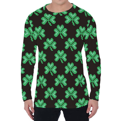 Pixel Clover St. Patrick's Day Print Men's Long Sleeve T-Shirt