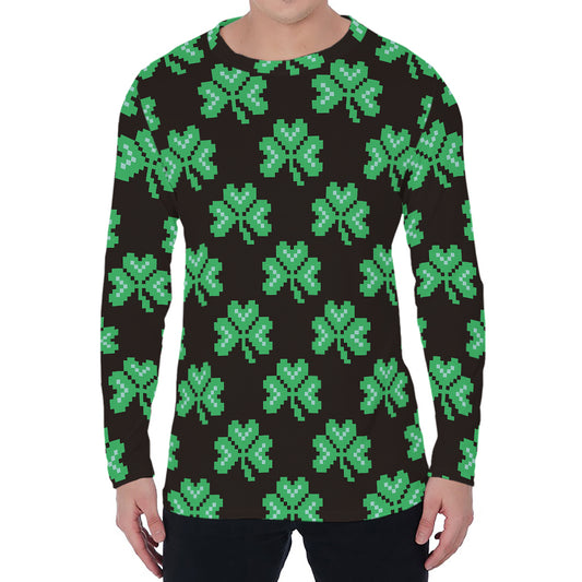 Pixel Clover St. Patrick's Day Print Men's Long Sleeve T-Shirt