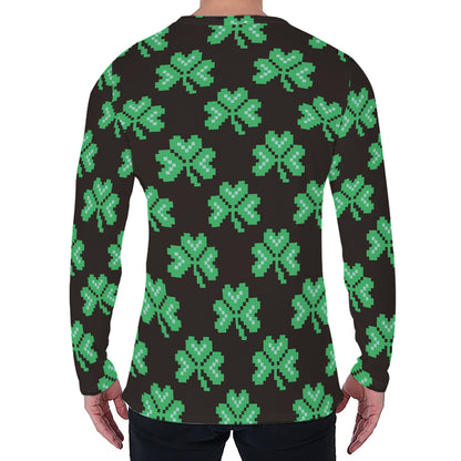 Pixel Clover St. Patrick's Day Print Men's Long Sleeve T-Shirt