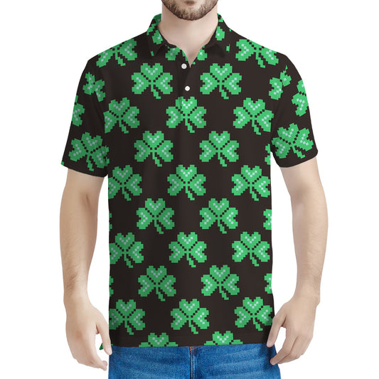 Pixel Clover St. Patrick's Day Print Men's Polo Shirt