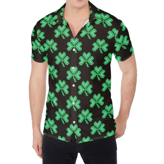 Pixel Clover St. Patrick's Day Print Men's Shirt