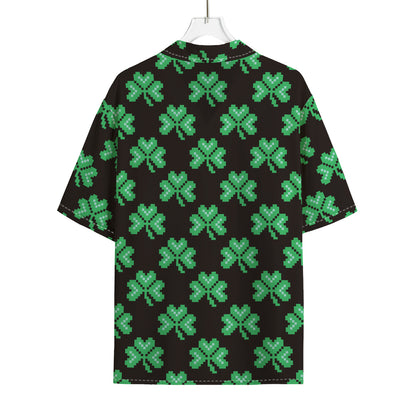 Pixel Clover St. Patrick's Day Print Rayon Hawaiian Shirt