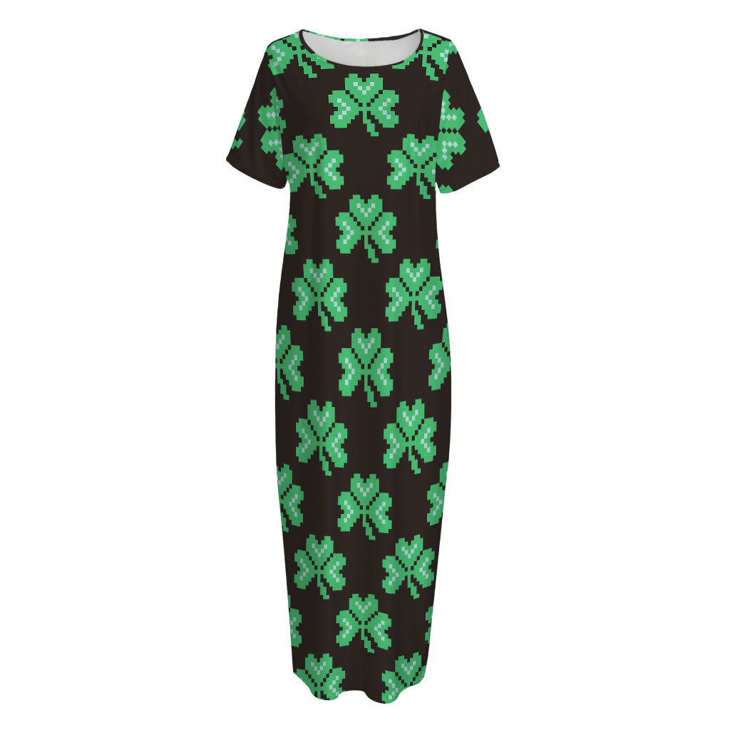 Pixel Clover St. Patrick's Day Print Short Sleeve Long Nightdress