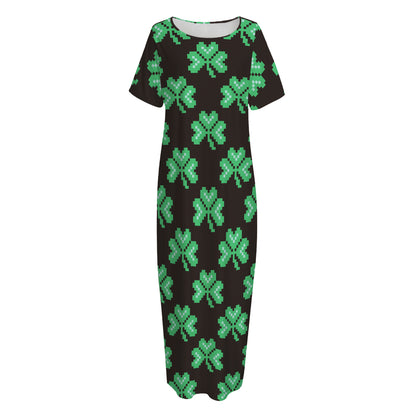 Pixel Clover St. Patrick's Day Print Short Sleeve Long Nightdress