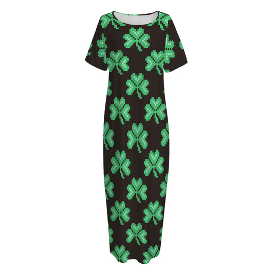 Pixel Clover St. Patrick's Day Print Short Sleeve Long Nightdress