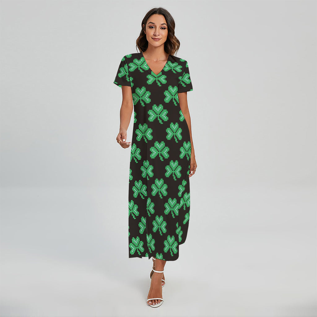 Pixel Clover St. Patrick's Day Print Short Sleeve Maxi Dress