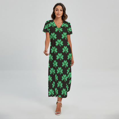 Pixel Clover St. Patrick's Day Print Short Sleeve Maxi Dress