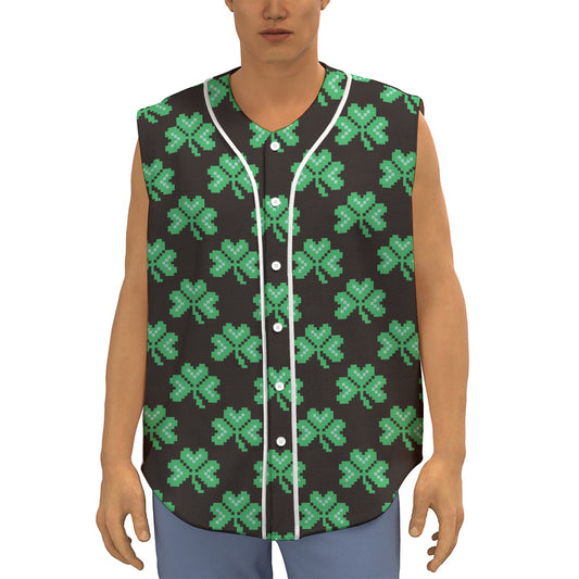 Pixel Clover St. Patrick's Day Print Sleeveless Baseball Jersey