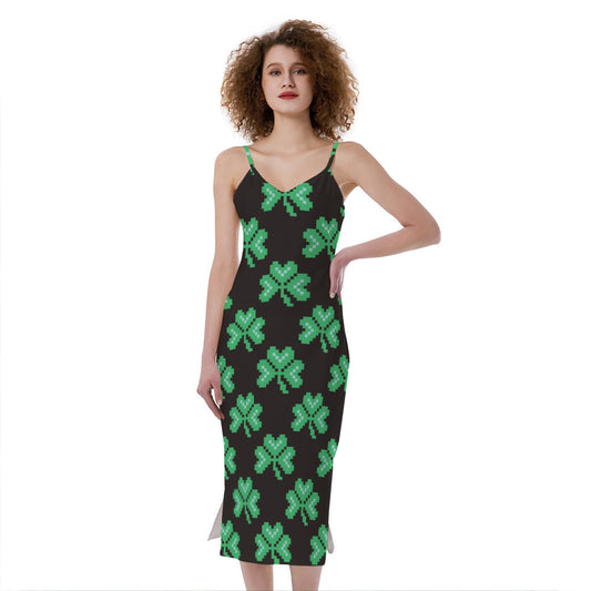 Pixel Clover St. Patrick's Day Print Slim Fit Midi Cami Dress