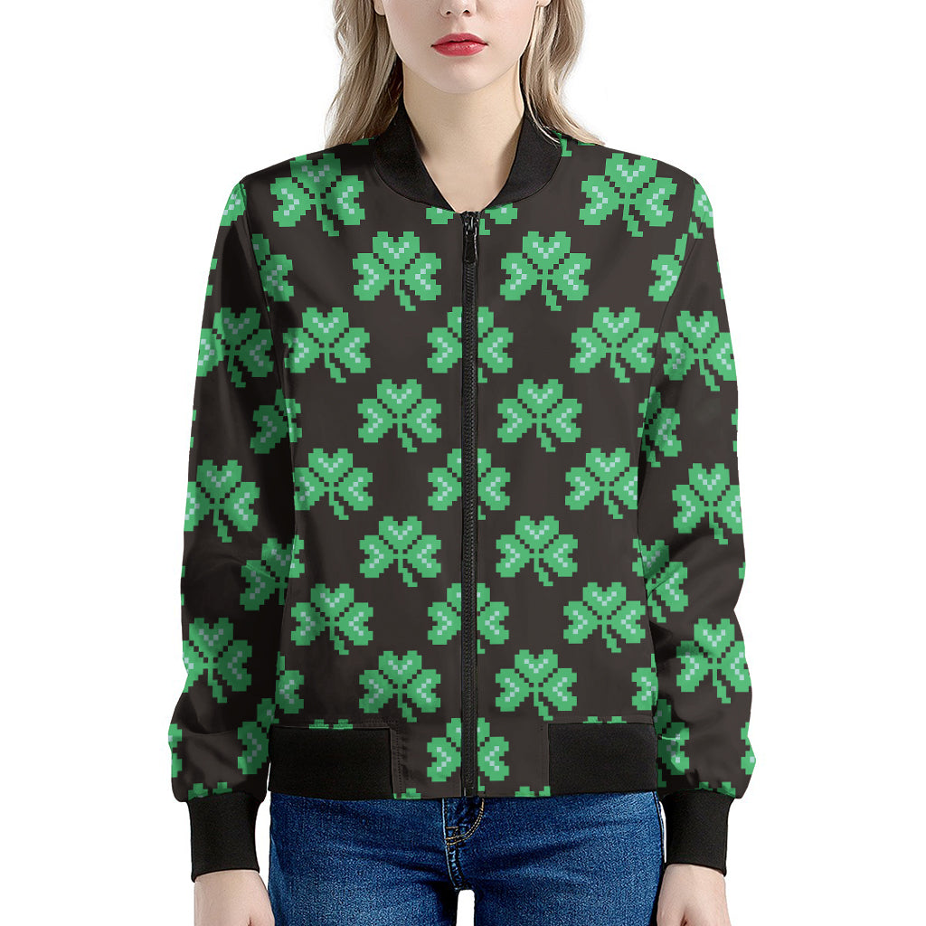 Pixel Clover St. Patrick's Day Print Women's Bomber Jacket
