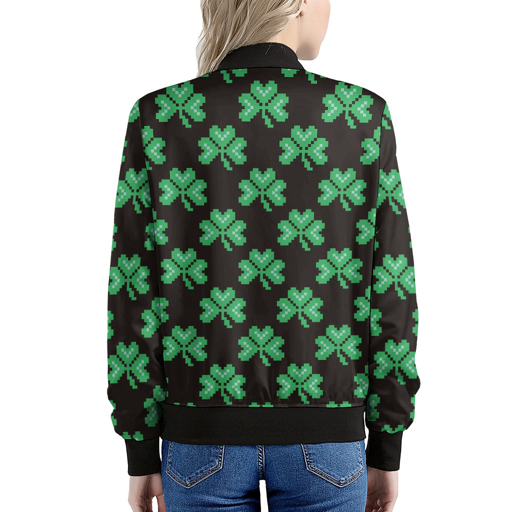 Pixel Clover St. Patrick's Day Print Women's Bomber Jacket