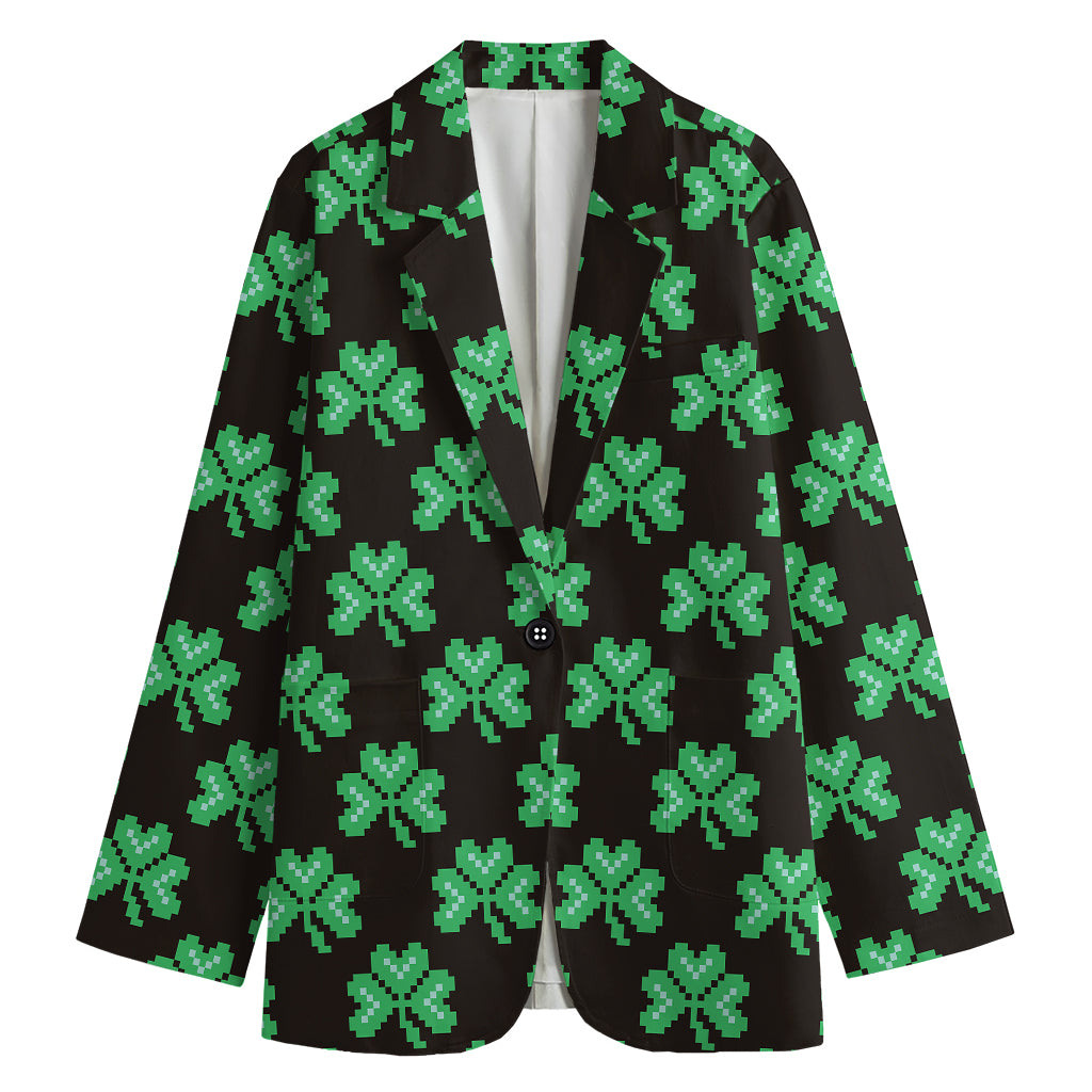 Pixel Clover St. Patrick's Day Print Women's Cotton Blazer